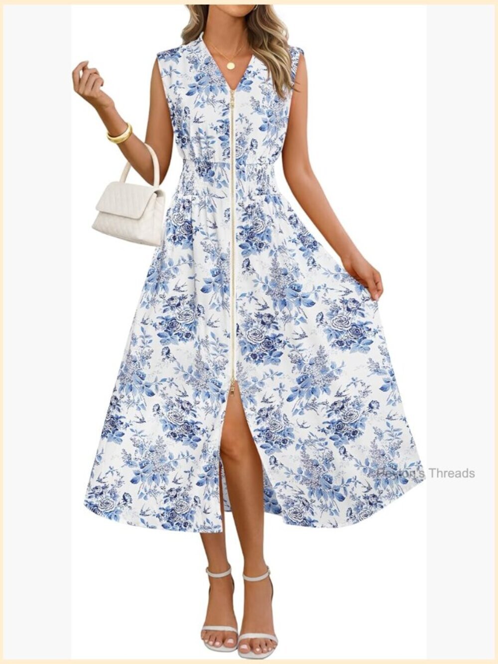 Sleeveless Floral Maxi Dress Boho Casual Zipper V Neck Split Beach Dress